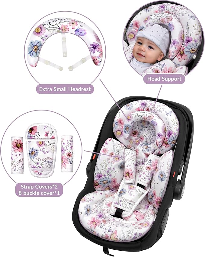 Infant Car Seat Insert with Extra Cushion for Preemie to Toddler, Reversible Newborn Carseat Insert for Baby Head Body Support, Fits for Stroller, Baby Swing, Bouncer (Purple Wildflower)