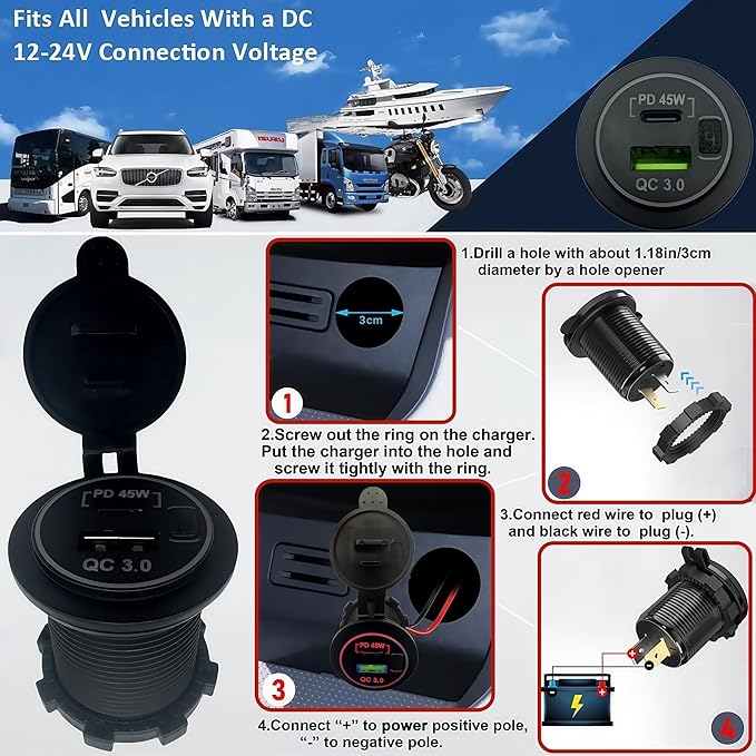 45W PD & 18W QC3.0 USB Laptop Car Charger Power Socket, Marine Type-C/USB C Port Fast Charging Adapter, 12V USB Power Outlet with ON/Off Switch Button Waterproof Cover for Boat RV Truck Golf (Red)