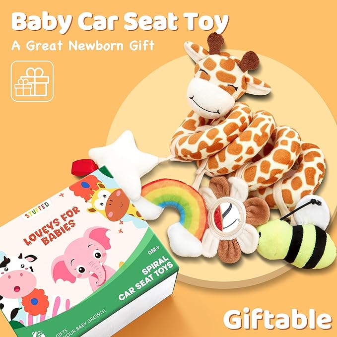 Stuffed Spiral Car Seat Baby Toys 6-12 Months, Infant Giraffe Sensory Toys Hanging Stroller Accessories, Newborn Shower Gifts for Baby Boys Girls Essentials | Cute Colorful Giraffe