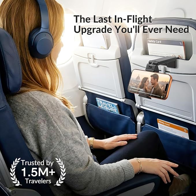 Perilogics Universal in Flight Airplane Phone Holder Mount. Hands Free Viewing with Multi-Directional Dual 360 Degree Rotation. Pocket Size Must Have Airplane Travel Essential Accessory for Flying