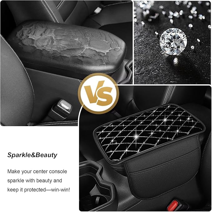 Bling Center Console Cover with 2 Side Pockets Fit for Corolla Multi-Functional Car Armrest Cushion Diamond-Studded Rhombus Pattern Style(Black&Silver Diamond)