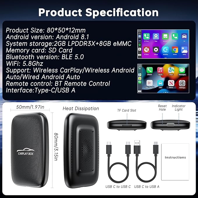 6-in-1 Magic Video Box for Netflix/YouTube, Wireless CarPlay Adapter & Android Auto Wireless Adapter Convert Wired to Wireles Carplay Dongle for OEM Wired CarPlay Cars, TF Card Playback, Plug & Play