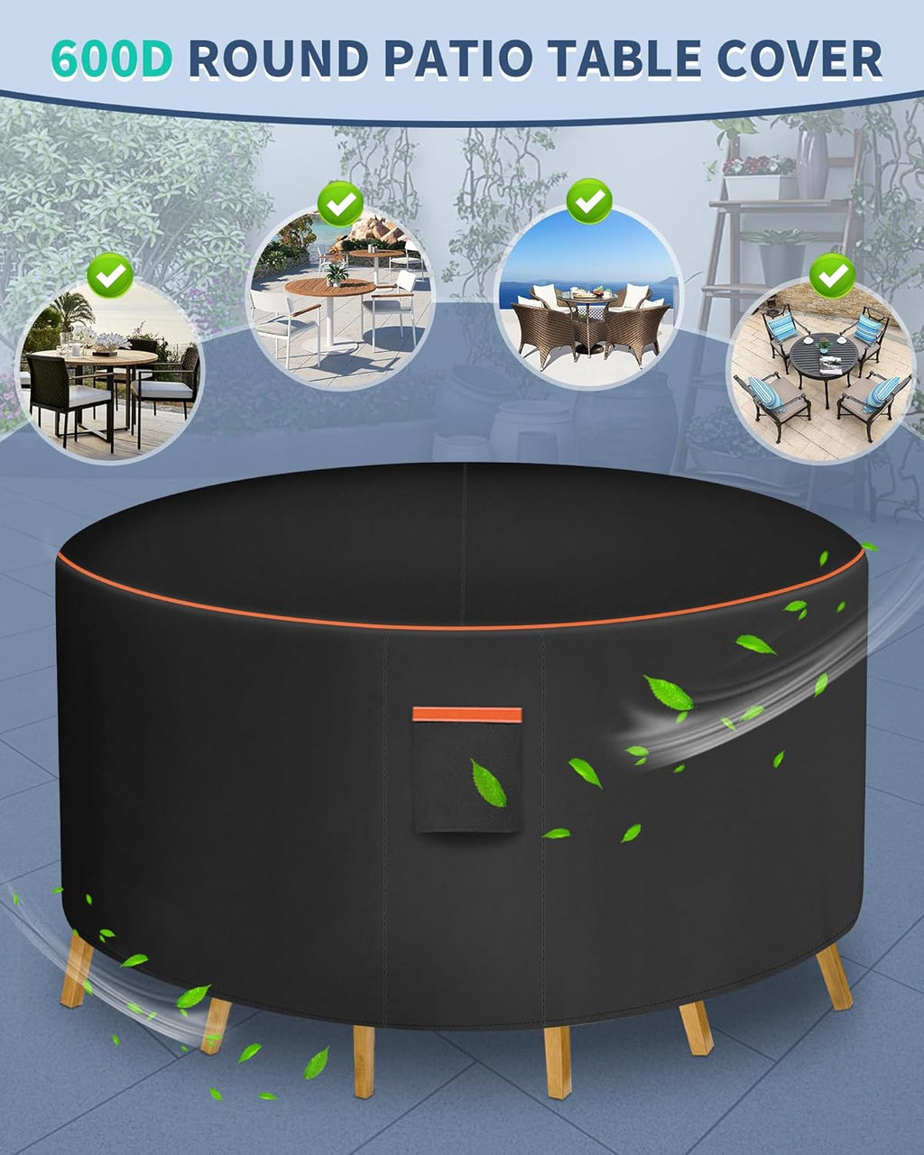 Round Patio Furniture Cover, 96 Inch Diameter Waterproof 600D Heavy Duty Table and Chair Set Protection Black