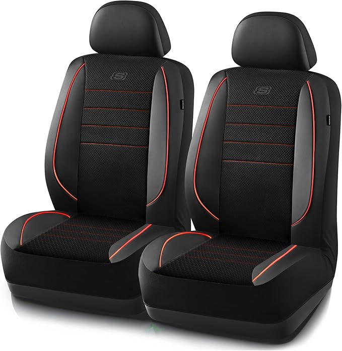 Skechers Air-Cooled Memory Foam Seat Covers,Mesh Thick Car Seat Covers,Piping Leather Car Seat Covers Front Seats,Airbag Compatible,Automotive Comfort Universal FitMost Cars,Vans,Truck,SUV,Orange