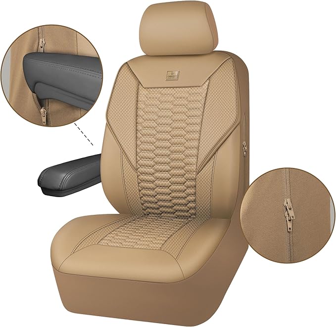 CAR PASS 3D Foam Mesh Leather Car Seat Covers Full Set, Tan Breathable Mesh Faux Leather Seat Covers for Car, Universal Fit for SUV Truck Sedan Automotive, Armrest Airbag Compatible, All Beige