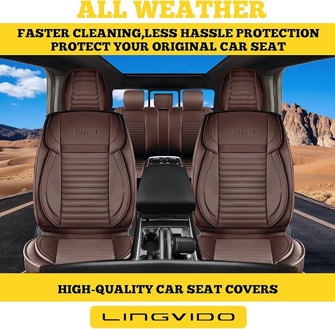 LINGVIDO Front Car Seat Covers, Faux Nappa Leather, Airbag Compatible and Waterproof Protectors for Sedans SUVs, Breathable Anti-Slip Interior for Commuters and Rideshare, Brown