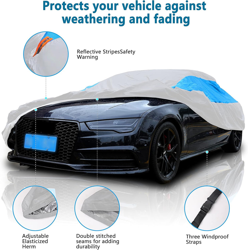 MORNYRAY Waterproof Car Cover All Weather Snowproof UV Protection Windproof Outdoor Full car Cover, Universal Fit for Sedan (Silvery, A3-Fit Sedan Length(178-185 inch)