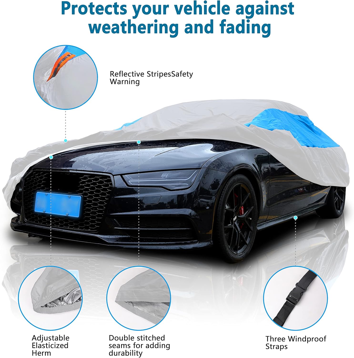 MORNYRAY Waterproof Car Cover All Weather Snowproof UV Protection Windproof Outdoor Full car Cover, Universal Fit for Sedan (Silvery, A3-Fit Sedan Length(178-185 inch)