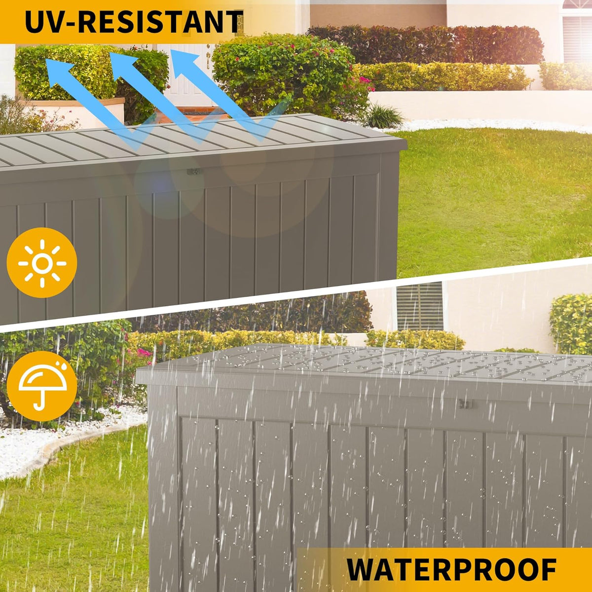 100 Gallon Resin Deck Box, Waterproof Outdoor Storage Bin for Patio Furniture, Pool Accessories, and Garden Tools, Lockable & UV-Resistant, Grey