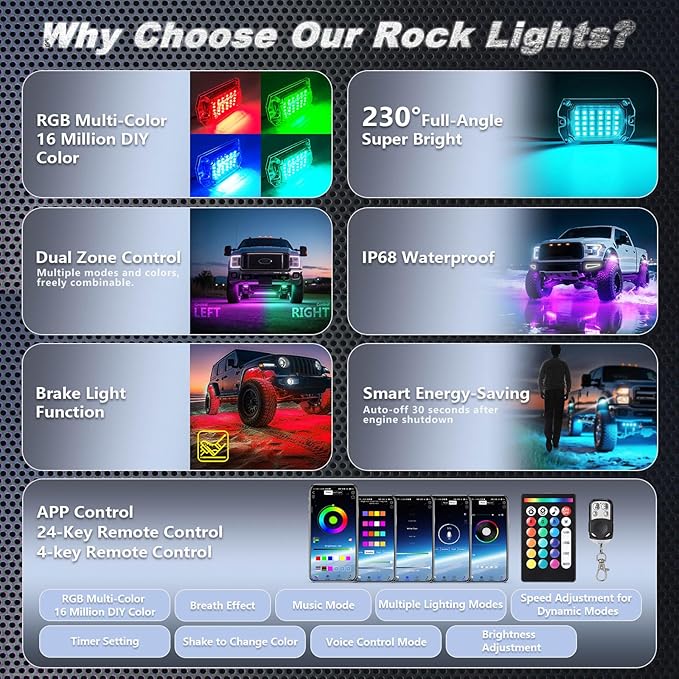 10Pods Full Angle RGB LED Rock Lights Full Kit for Jeep Truck ATV UTV SXS RZR Golf Cart Offroad Pickup,300Chip Waterproof Multicolor Underglow Light with APP/RF Remote, Neon Underbody Accent Light 12V