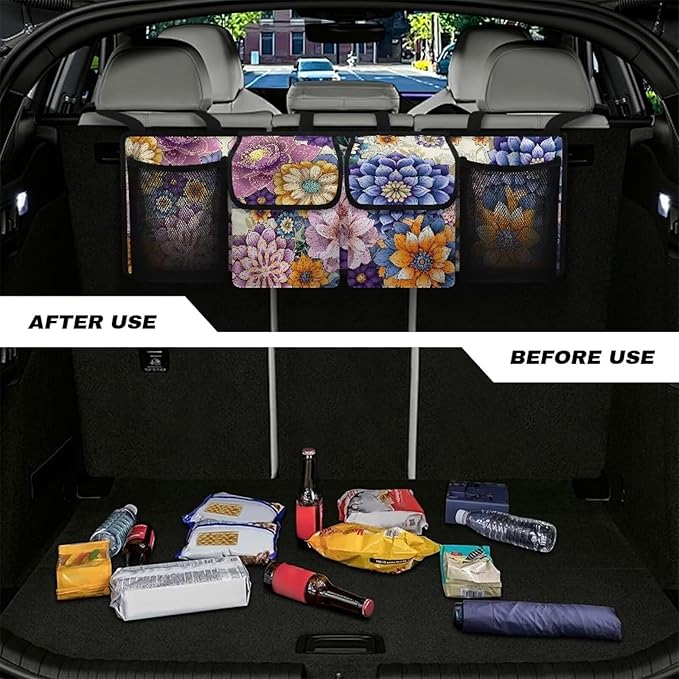 Boho Floral Blossom Car Backseat Trunk Organizer for Women Mandala Trunk Storage Bag for Grocery Cargo Car Organization