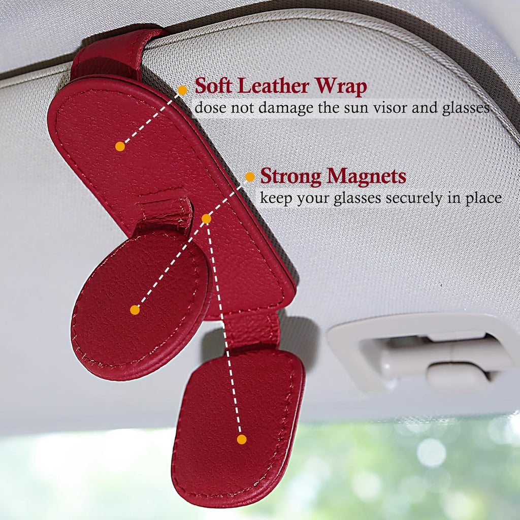 KIWEN 2 Pack Sunglasses Holder for Car Visor, Magnetic Leather Sunglass Eyeglass Hanger Clip for Car Sun Visor Accessories (2, Red)