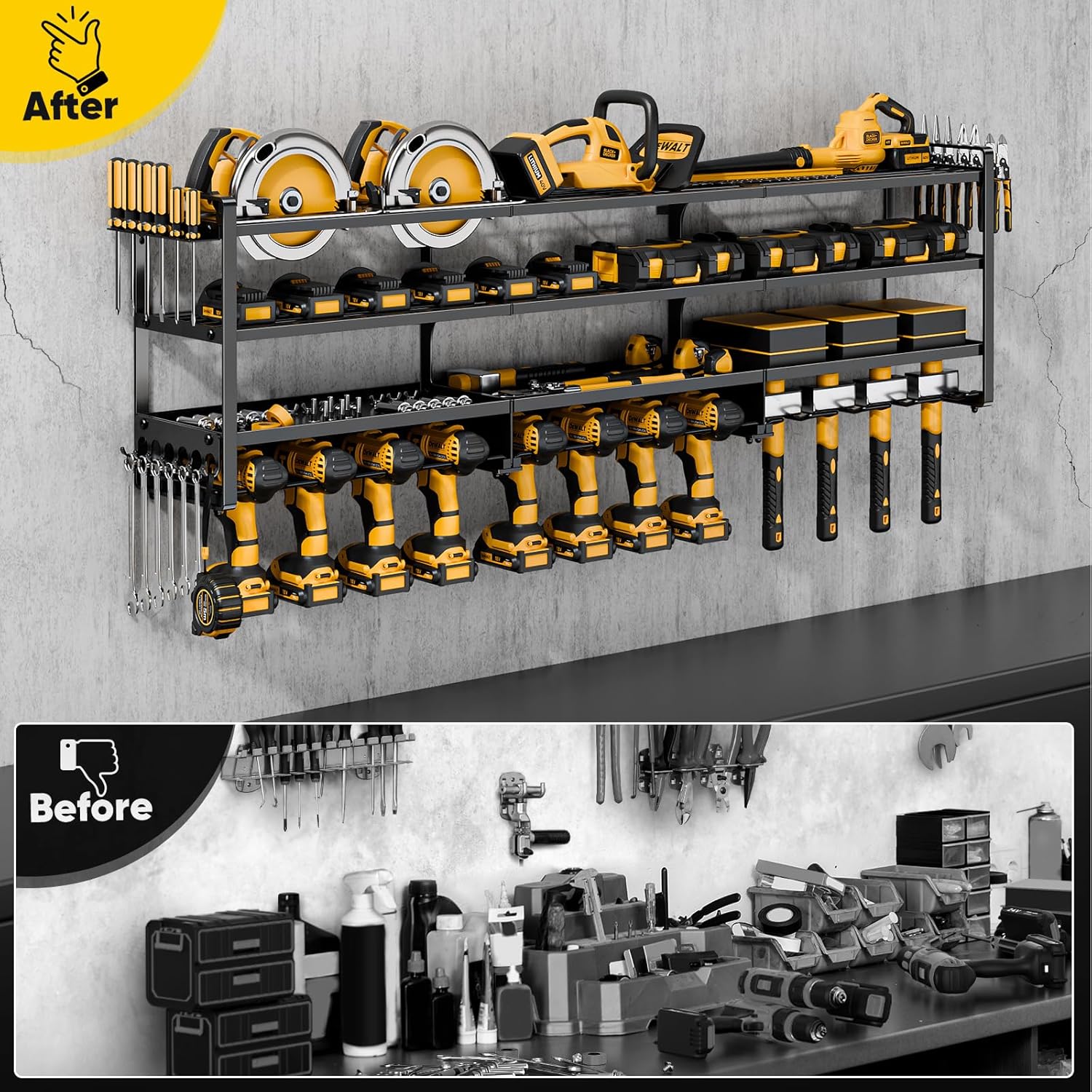 49" W Large Power Tool Organizer Wall Mount Loads 600 lbs, Heavy Duty 4-Tier 12 Drills Holder, Cordless Tool Storage Battery Shelf, Utility Racks for Garage Workshop Shed, Gifts for Men Husband