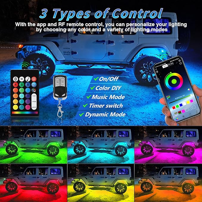 10Pods RGB LED Rock Lights Kit with APP/RF Remote Control, Car Underglow Lights with Dual Zone Brake Multicolor Neon Underbody Light Waterproof 12V for Trucks Pickup Jeep Golf Cart SXS ATV Golf Cart