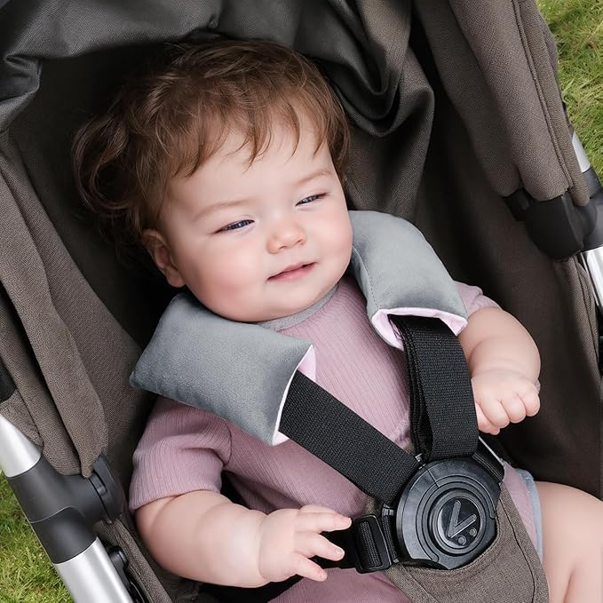 COOLBEBE Car Seat Straps Shoulder Pads for Baby Kids, Super Soft Seat Belt Covers for All Car Seats/Pushchair/Stroller/High Chair (Grey/Pink)