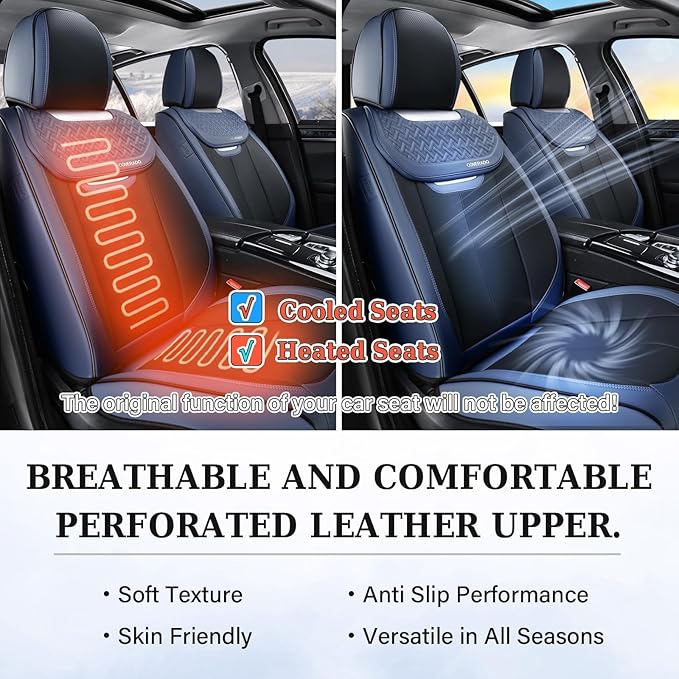 Coverado Front Seat Covers, Breathable Nappa Leather Car Seat Cover, Universal Seat Covers for Cars, Waterproof Car Seat Protector, Driver Seat Cover Fit for Most Cars(Blue&Black)