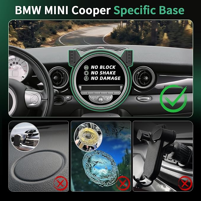 Phone Mount for BMW Mini Cooper (2007-2012 2013), Magnetic iPhone Holder, Magsafe Car Mount Charger, 15W Wireless Car Charger, Hands Free & 360°, 2008 2009 2010 2011 Mini Cooper Car Accessories