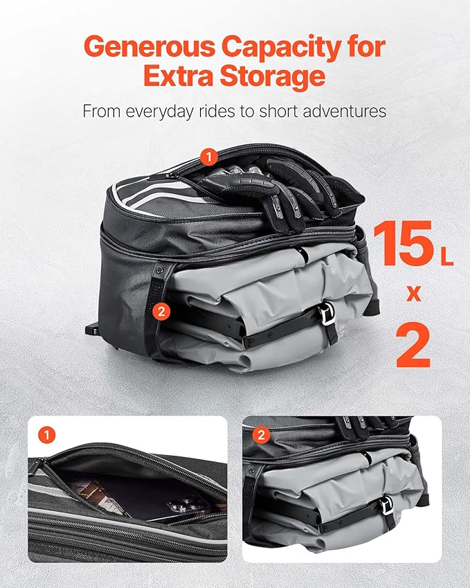 VEVOR Motorcycle Saddlebags, 30L (15L x 2) Large Capacity Saddle Bag Compatible with Grom (2022-2025), Navi, Z125 and Most Motorcycles, Sport Motorbike Side Bag with Waterproof Rain Cover and Straps