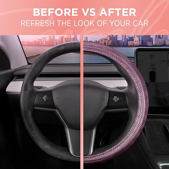Purple Steering Wheel Cover, Standard 15 Inch Size Fits Most Vehicles, Cute Shiny Bling Car Steering Wheel Cover with Herringbone Detail, Car Accessories for Women