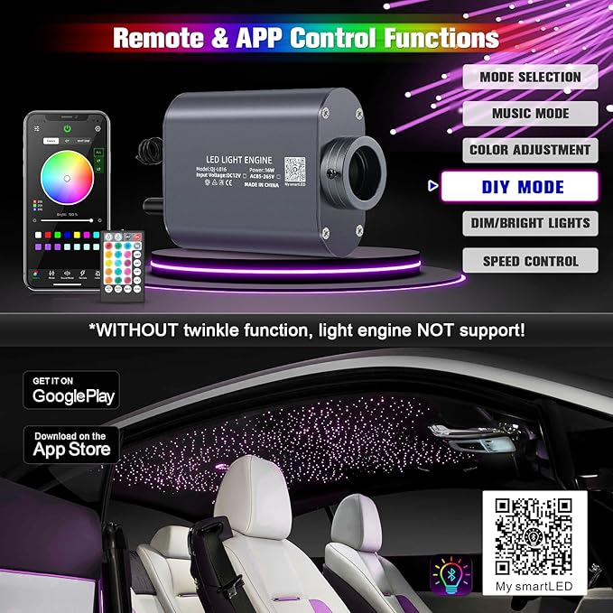 16W Starlight Headliner Kit, Star Lights for Car Roof&Home Decoration, Fiber Cable 500pcs of(0.03+0.04+0.06in)*13.1ft RGBW Star Light Headliner with Bluetooth APP/Remote/Music Mode