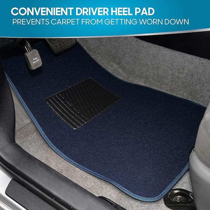 BDK Premium Blue Carpet Floor Mats for Cars - Universal Fit Interior 4-Piece Car Mats Full Set with Vinyl Heel Pad Protector - Cute Car Accessories Interior Floor Covers for SUVs & Trucks