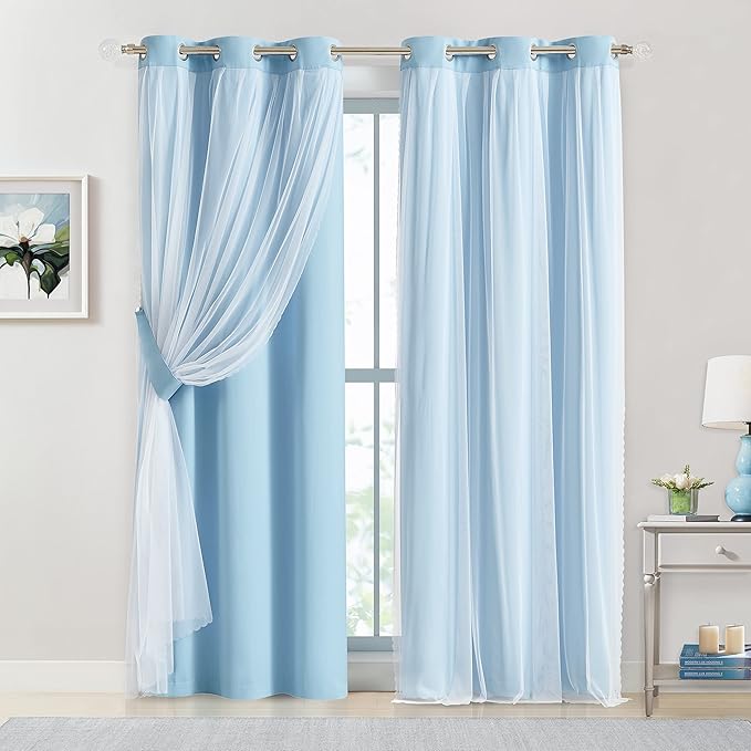 Bujasso Sky Blue 80% Blackout Curtains with Sheer Overlay Mix and Match Double Layer Thermal Insulated Window Panels 84 inch for Living Room Bedroom Blue Drapes with Tiebacks Grommet Top 37" Wx84 Lx2