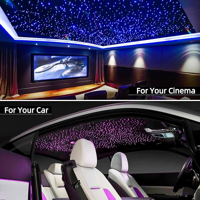 32W Twinkle Starlight Headliner Kit, 1000pcs of (0.03+0.04+0.06in)*13.1ft LED Fiber Optic Lights Kit, Star Ceiling Light+10 Crystals+Adapter+Car Use Plug for Car/Home with Music Mode