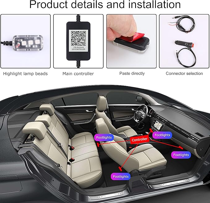 64 Colors Car Ambient Lighting Footwell APP Control Multicoloured Music Car Atmosphere Decorative Lighting Kit 1W DC 12V-24V