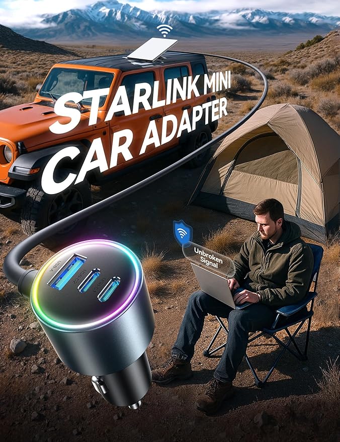 Starlink Mini Car Adapter, 10FT Starlink Mini Cable Car Charger, 12V-24V Cigarette Lighter Adapter [Stable Power Chip & 18AWG Waterproof Cable] Dual PD 45W + USB A 30W Ports for Cars, Trucks, RVs