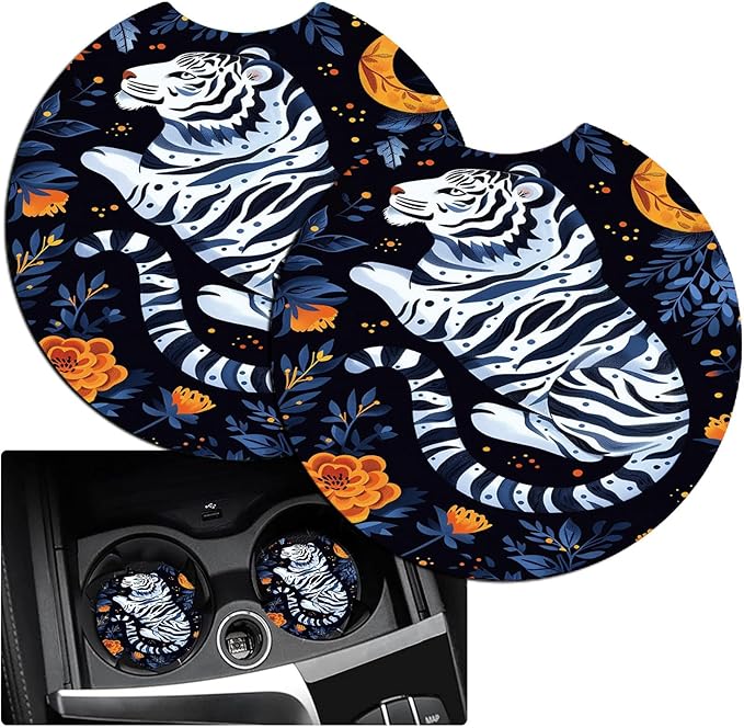 Car Armrest Cover Pads Universal Fashion Cute Auto Center Console Armrest Cover Pad with 2PCS Car Coasters Soft Waterproof Car Armrest Seat Protector for Women, Tiger Moon