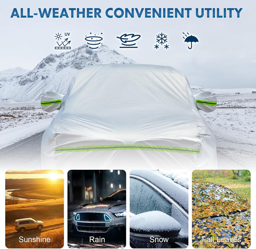 KEYOOG 6-Layer Full Car Cover is All-Weather Waterproof, All Seasons, Snow Prevention Rainproof, Acid Rainproof, Sunscreen, Ultraviolet-Proof, Fits Hatchbacks up to 173 ", Green Reflective Strip