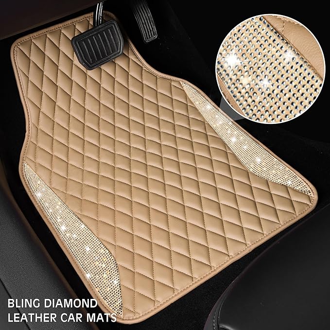 CAR PASS Bling Beige Leather Car Mats Shining Diamond Floor Mats Crystal Rhinestone Sparkly Glitter Carpet Anti-Slip Waterproof Pad Universal Fit for Automotive SUV, Sedan, Van, 5pcs Girl Women Beige