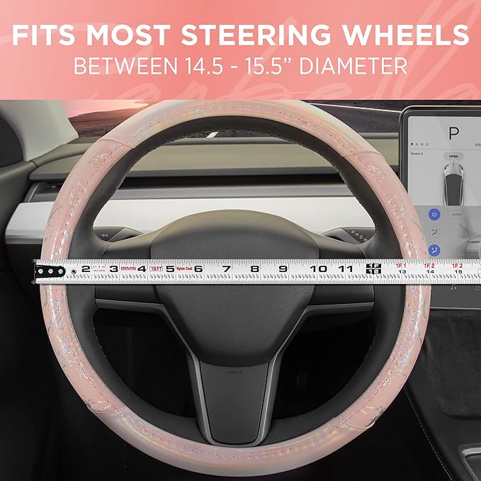 Carbella Pink Holo Bling Steering Wheel Cover, Standard 15 Inch Size Fits Most Vehicles, Cute Shiny Crackle Car Steering Cover with Holographic Foil Glitter Like Detail, Car Accessories for Women