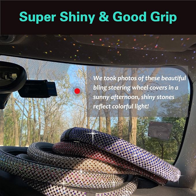 PINCTROT D Shaped Bling Comfy Steering Wheel Cover with Jumbo Crystal Rhinestones, Anti-Slip Diamond Leather, Flat Bottom 14.5-15 Inch (Blue)