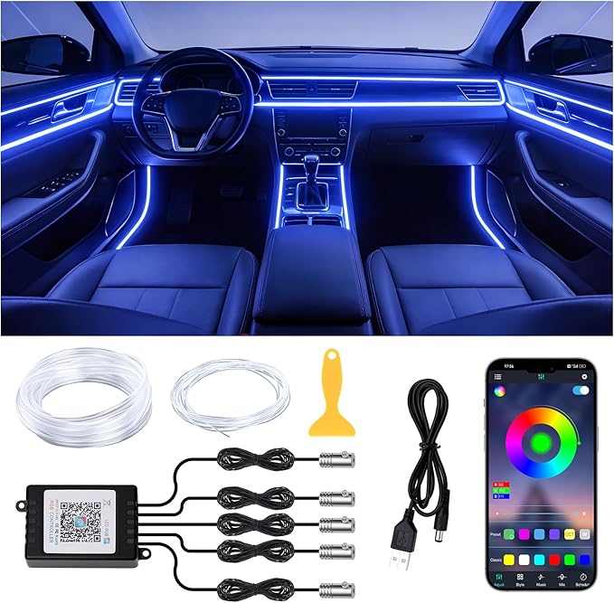 LED Lights for Car Interior - 5 in 1 Wireless Ambient Lighting Kit with 236" Fiber Optic, 16 Million Colors, APP Music Sync - Car Neon Lights for Cars, Trucks, SUVs（USB）