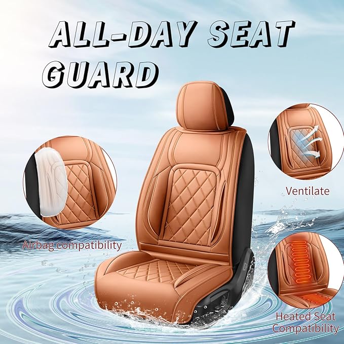 Fit Tucson Car Seat Covers Compatible with Hyundai Tucson 2010-2026, Premium Leather Breathable, Wear Resistant, Airbag Compatible, All-Weather Protection & Full Coverage, 2 Front Seat Brown