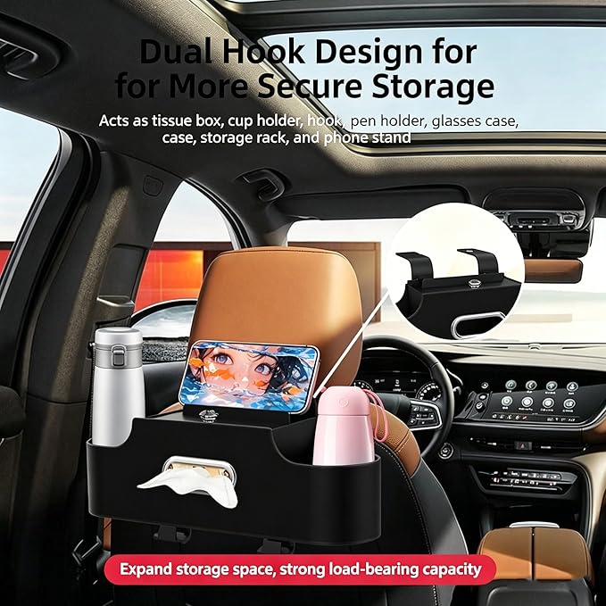 4-in-1 Back Seat Car Organizer, Adjustable Hooks, Universal Fit, with Cup Holder, Tissue Box & Storage, for Travel, Stores Phone, Snacks, Drinks, Handbags, Keeps Car Neat & Space-Saving (Red)