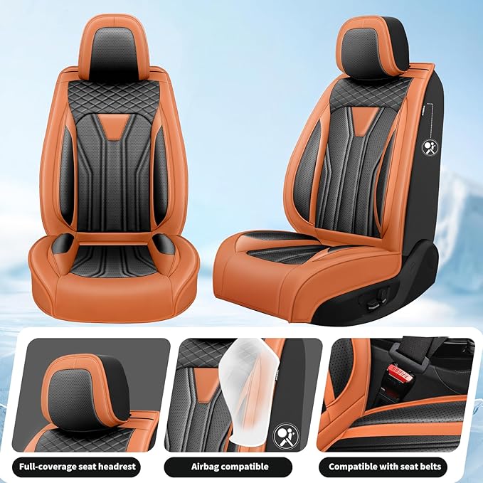 Fit Prius Car Seat Covers for Toyota Prius 2001-2025 2026 -Premium Leather, Waterproof Stain-Resistant, Breathable，All-Weather Seat Cushion Protecto & Airbag Compatible, 2 Front Seat Orange