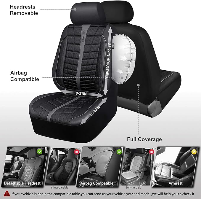 CAR PASS 3D Foam Mesh Leather Car Seat Covers Full Set, Breathable Premium Leather Seat Covers for Car,Anti Slip Universal Fit for Trucks Cars Sedans Vans SUVs, Airbag Compatible, Black Gray