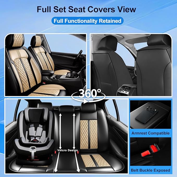 Fit Insight Car Seat Covers for Honda Insight 2010-2022 Premium Leather, Airbag Compatible, Scratch-Resistant, Waterproof All Weather Seat Protector, Airbag Compatible, Front Pair Black+Beige