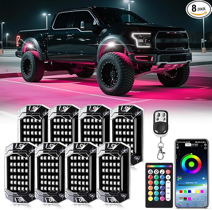 8 Pods Full Angle RGB LED Rock Lights for Truck Jeeps ATV UTV RZR Offroad Golf Cart SXS, Waterproof Multicolor Neon Underglow Kit with Bluetooth APP/RF Remote, 12Volt Underbody Lights