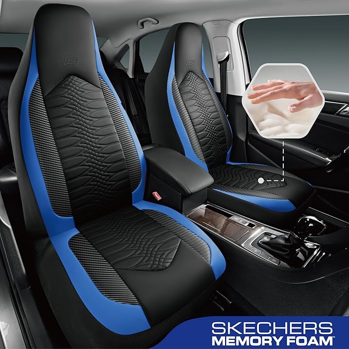 Skechers Memory Foam Car Seat Covers, Leather High Back Seat Covers Quilting Design,Waterproof Sports Car Seat Covers Front Seats,Airbag Compatible, Universal Fit for Most Cars, SUVs,Trucks,Blue