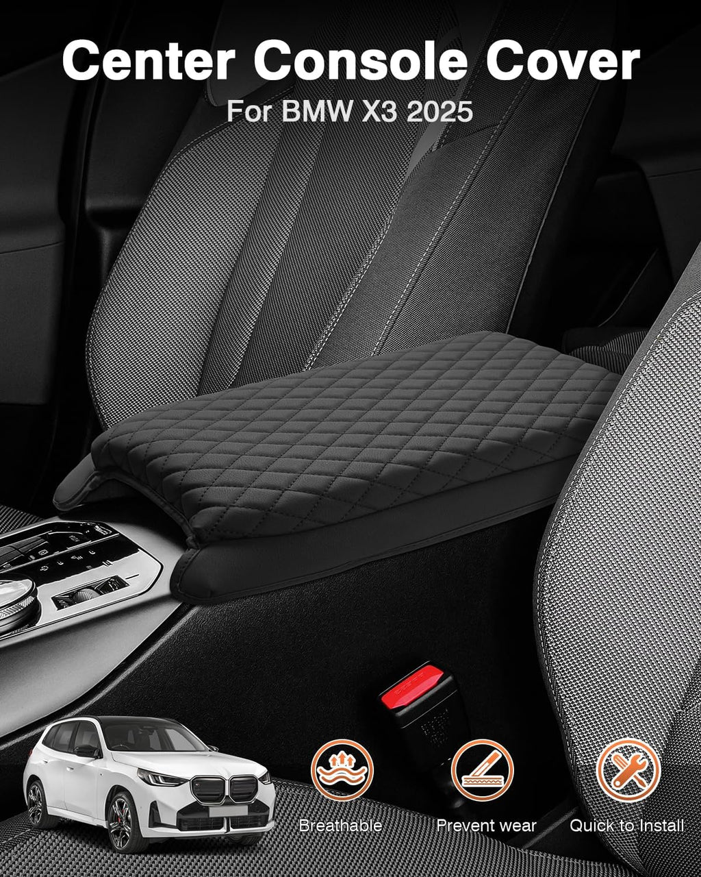 Shademax Custom for 2026 2025 BMW X3 Center Console Cover Armrest Cover for BMW X3 Arm Rest Cushion Pad Leather Middle Console Cover Armrest Seat Box Protector BMW X3 Accessories Anti-Scratch Black