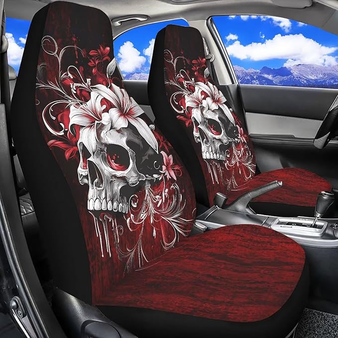 Halloween Skull Car Seat Covers 2 Pcs Car Seat Covers Front Seats Only Breathable Breathable Easy to Install Anti-Slip Back Fabric Universal Fit for Auto Truck Van SUV