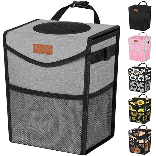 Pritent Car Trash Can with Lid, Cute Leakproof Car Trash Garbage Bag Hanging Vehicle Trash Bin Small Portable Automotive Garbage Cans Organizer for Back/Front Seat/Console(2.8 Gallons,Grey)