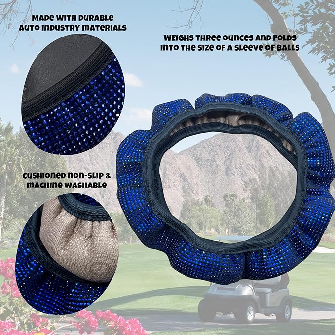 Universal Colorful Bling Crystal Diamond Rhinestones Golf Cart Steering Wheel Cover fits Club Car, Yahama, EZGO, Anti Slip Cover Easy to Install, Great Gifts for Golfer Women Womens (Blue Diamond)