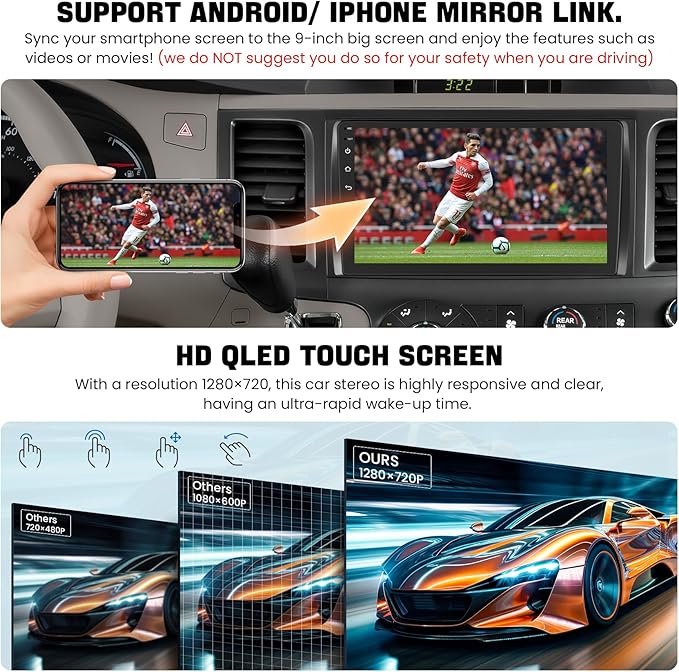 Car Radio Stereo for Toyota Sienna 2011-2014 Without JBL Sound System, Support Wireless Carplay/Android Auto/Mirrorlink, 9 Inch QLED Touchscreen with Bluetooth,FM Radio,DSP
