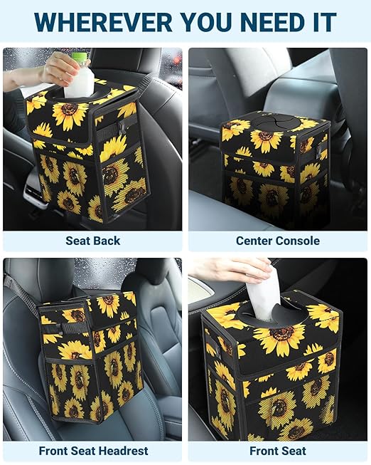 Capolo Car Trash Can with Lid, Leakproof Car Trash Bag Hanging Waterproof Automotive Garbage Can with Storage Pockets Mini Vehicle Trash Bin for Back/Front Seat(Sunflower,3 Gallon)