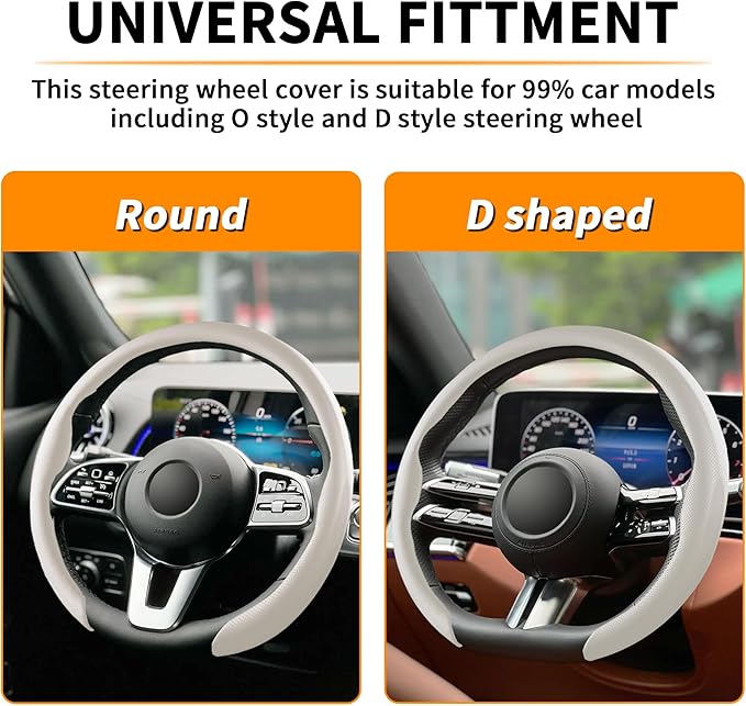 Nappa Leather Steering Wheel Cover, Universal 15 Inch Snap On Car Steering Wheel Cover for Men/Women, Comfortable & Breathable Microfiber Car Accessories Interior (White)
