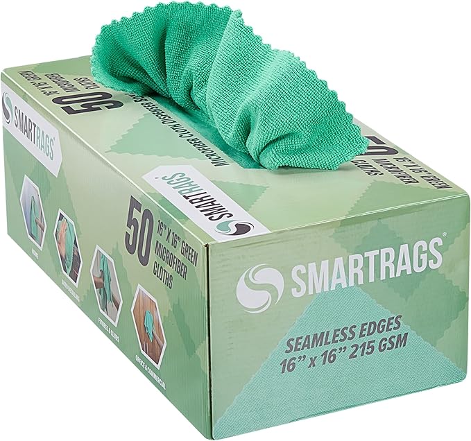 Arkwright Smart Rags Microfiber Cleaning Cloths, Pack of 50 in a Box, Lint Free 215 GSM Reusable Towels for Auto, Office and Household Cleaning, 16 x 16 in, Green